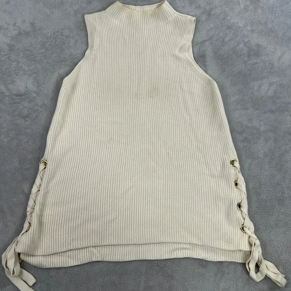 Michael Kors Lace Up Side Ribbed Knit Sweater L White Women Mock Neck Sleeveless